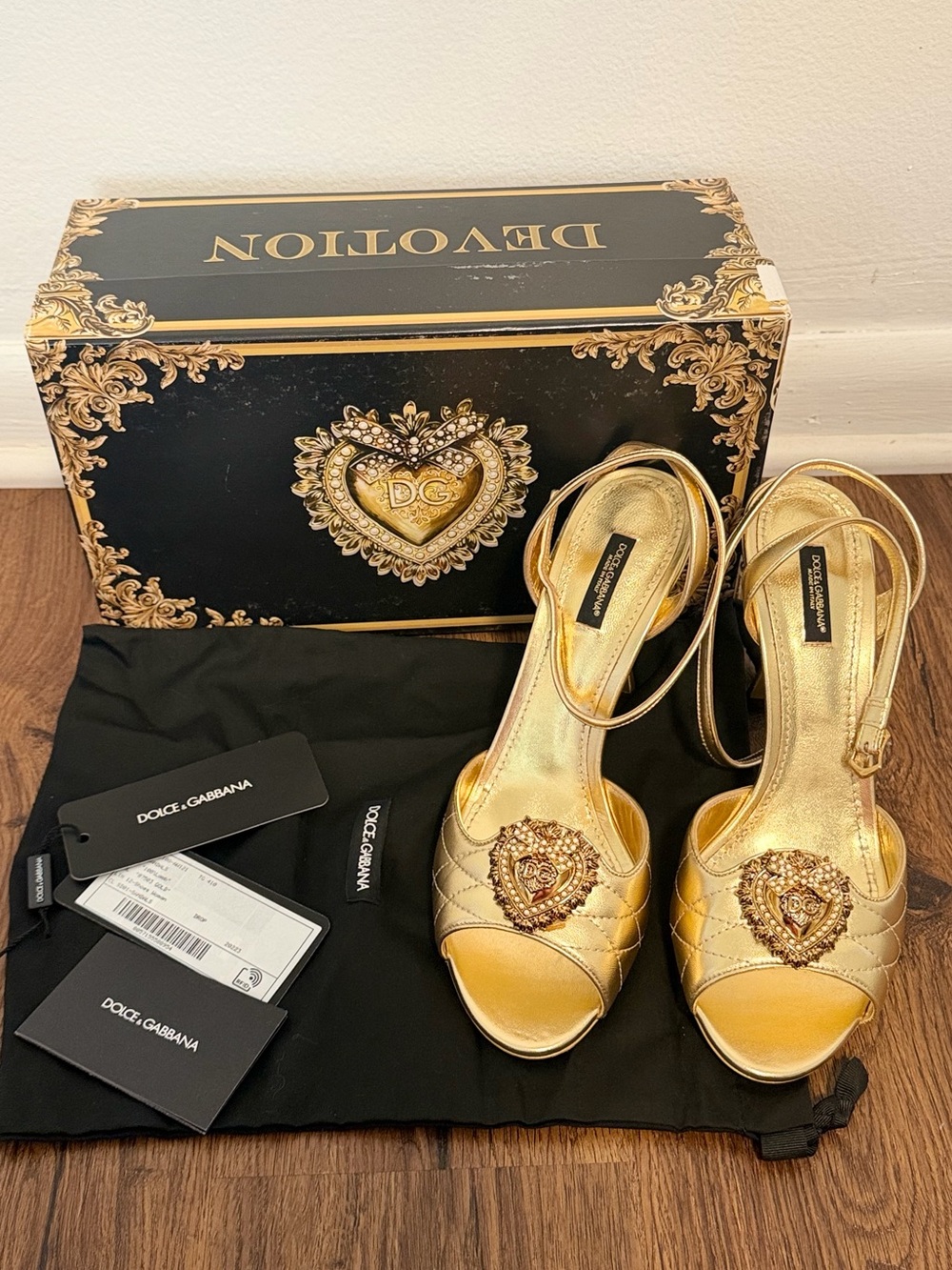 Dolce & Gabbana Metallic Gold Quilted Open-Toe Heels with Jeweled Emblem- EU 41